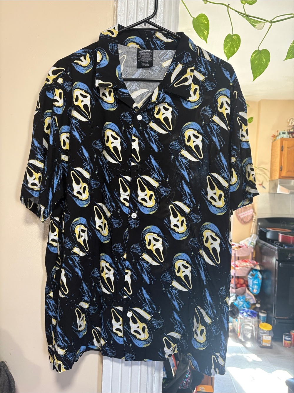 Bioworld Black Short-Sleeve Button-Down Shirt with Yellow & Blue Mask Print